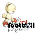 Cute teddy bear Soccer player hand drawn watercolor illustration. Best football player.