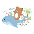 Cute teddy bear stay on whale on white background.Animal character cartoon