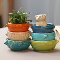 Cute Teddy Bear Style Decorative Clay Pots With Flowers Royalty Free Stock Photo