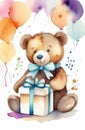 cute teddy bear toy with bow tie, colorful balloons and gift box, birthday watercolor greeting card Royalty Free Stock Photo