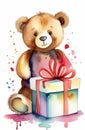 cute teddy bear toy and colorful gift box with red ribbon, birthday watercolor greeting card Royalty Free Stock Photo