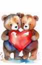 cute teddy bear toys holding big red heart together, St Valentine\'s day watercolor greeting card Royalty Free Stock Photo