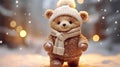 Cute teddy bear in warm clothes on winter background. Horizontal Christmas card. Generative AI