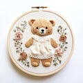 A cute teddy bear wearing a cream dress embroidered on a circular embroidery frame, isolated against a white background Royalty Free Stock Photo