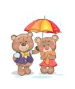 Cute Teddy-Bears Stand Under Umbrella Boy Girl