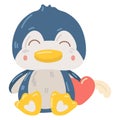 Cute teddy penguin in paws heart with wings. A soft toy blue penguin as a gift for Valentine's Day. A gift for your