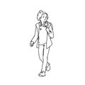 Cute teen girl with headphones and backpack taking a walk. Monochrome vector illustration of teenage girl in jacket