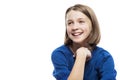 Cute teen girl laughs. Close-up. Isolated on a white background.