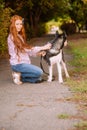 Cute teen girl with red long hair walks with her husky breed dog in the autumn park. Children and dogs.