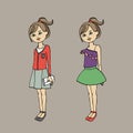 Cute teen girl in two fashion outfits. Body template. Vector illustration