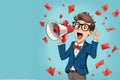 Cute teen School boy in a business suit using megaphone. on colored banner. Waist portrait. Copy Royalty Free Stock Photo