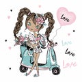 A cute teenage girl with a cat in her arms stands near her scooter with balloons hearts. Valentine`s card. Vector. Royalty Free Stock Photo