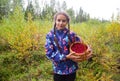 Cute teenage girl is holding a wicker basket full of red wild lingonberry in northern autumn forest Royalty Free Stock Photo
