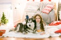 A cute teenage girl with long dark curly hair in a white pullover in a room with a Christmas decor with a large Malamute.