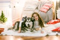 A cute teenage girl with long dark curly hair in a white pullover in a room with a Christmas decor with a large Malamute.