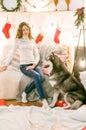 A cute teenage girl with long dark curly hair in a white pullover in a room with a Christmas decor with a large Malamute.