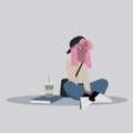 Cute teenage girl with pink hair sitting alone, vector illustration.