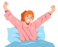 cute teenage girl stretching and yawning after waking up. with pillow and blanket. cartoon flat vector illustration.