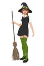 Cute teenage witch wearing a black hat and holding a broom