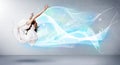 Cute teenager jumping with abstract blue scarf around her Royalty Free Stock Photo