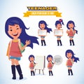 Cute Teenager in various action for presentation. character design. - vector