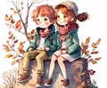 Cute teens boy and girl sitting on the bench in autumn park. Printable watercolor illustration Royalty Free Stock Photo