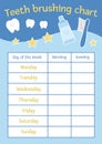Cute teeth brushing chart for kids. Vector dental care stomatology poster with cute smiling characters. Tooth hygiene timetable