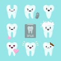 Cute teeth colorful vector set with different emotions. Different tooth conditions