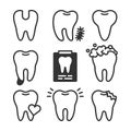 Cute teeth line style vector set with different tooth conditions