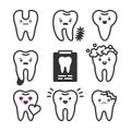 Cute teeth outline vector set with different emotions. Different tooth conditions