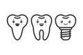 Cute teeth outline vector set with different emotions. Different tooth form