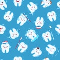 Cute teeth seamless pattern. Funny tooth characters with different emotions, children dentistry, dental care creative