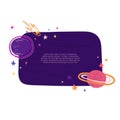 Cute template design layout with illustration of planet and stars. Banner of doodle style universe and galaxy. Frame