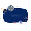 Cute template design layout with illustration of planet and stars. Banner of doodle style universe and galaxy. Frame