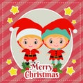 Cute template merry christmas card with kids santa and elf