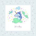 Cute template with unicorn, wings, bird, cloud.