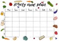 Cute A4 template for weekly and daily meal planner with lettering and doodle drawings of food.