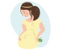 A cute and tender pregnant woman looks at her belly and holds a green apple. Vector illustration on a white and blue Royalty Free Stock Photo