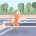 Cute tennis girl in sport clothes hitting tennis ball with racket at tennis court  flat illustration Royalty Free Stock Photo