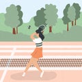 Cute tennis girl in sport clothes hitting tennis ball with racket at tennis court vector flat illustration Royalty Free Stock Photo