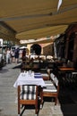 Portofino, 29th august: Terrace Restaurant design from Central Square of Downtown of Portofino City. Liguria region in Italy.