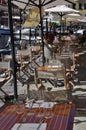 Terrace Restaurant design from Quay that lined the Sea Bay of Portofino City. Liguria region in Italy.