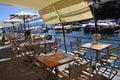 Terrace Restaurant design from Quay that lined the Sea Bay of Portofino City. Liguria region in Italy.