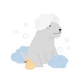 Cute terrier dog with a towel on a head, foam, bubbles and rubber duck. Vector illustration of a funny washing pet