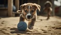 Cute terrier playing with yellow ball outdoors in summer sun generated by AI