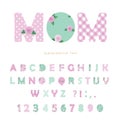 Cute textile font in pastel pink and blue. For Mother`s day, birthday, baby shower, clothes decorative elements. Floral and polka