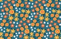 Cute textural floral print with small careless flowers, leaves on a blue field. Seamless pattern, simple botanical background