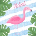 Cute Textured Flamingo With Tropical Leaves And Aloha Sign On Striped Blue Background. Good For Printing And Postcard