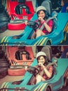 Cute Thai girl is driving Go-kart from the starting point in vintage color set