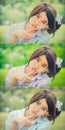 Cute Thai schoolgirl doing hush gesture in green bokeh